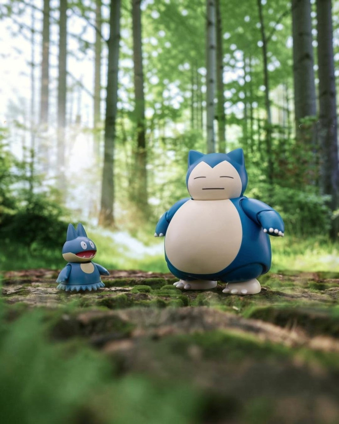 VaultifyUK Blokees Pokémon Snorlax model kit standing in a sunlit forest next to a small Munchlax figure