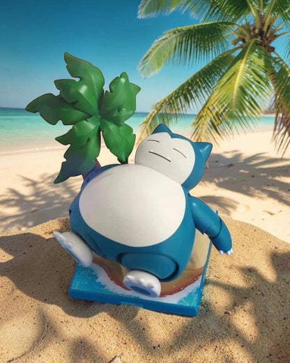 VaultifyUK Blokees Snorlax model kit featuring a blue Snorlax figure on a tropical beach base with a palm tree