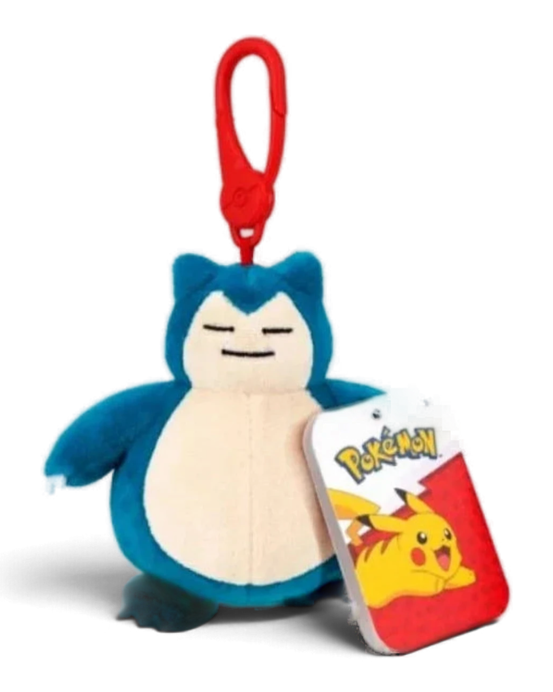 VaultifyUK Snorlax plush bag clip with a red plastic carabiner and official Pokémon swing tag attached.
