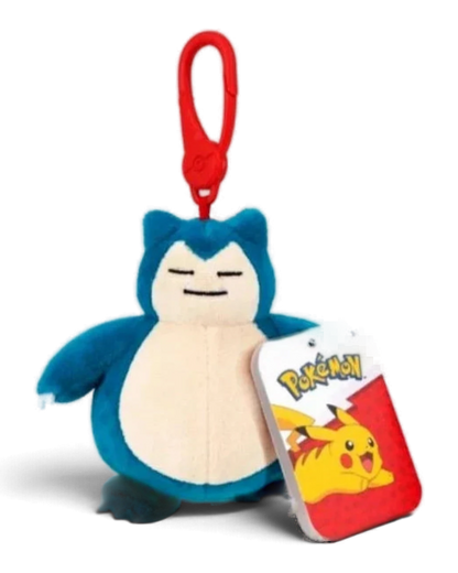 VaultifyUK Snorlax plush bag clip with a red plastic carabiner and official Pokémon swing tag attached.