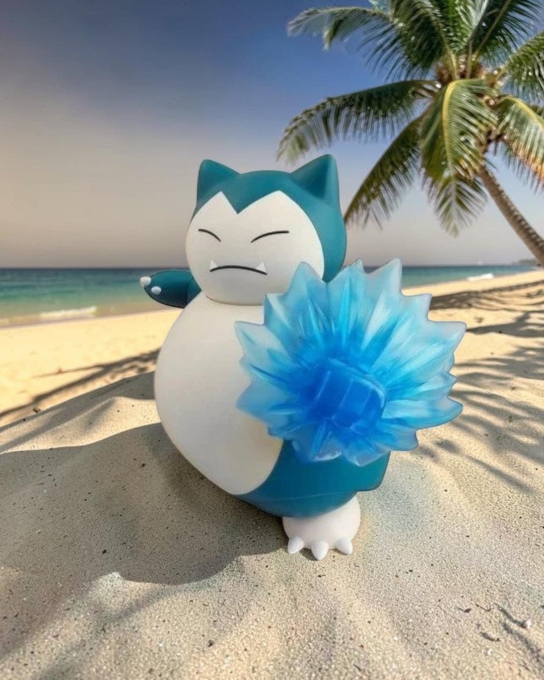 VaultifyUK Blokees Snorlax model kit featuring a blue and cream figure with a translucent blue wave effect on a beach