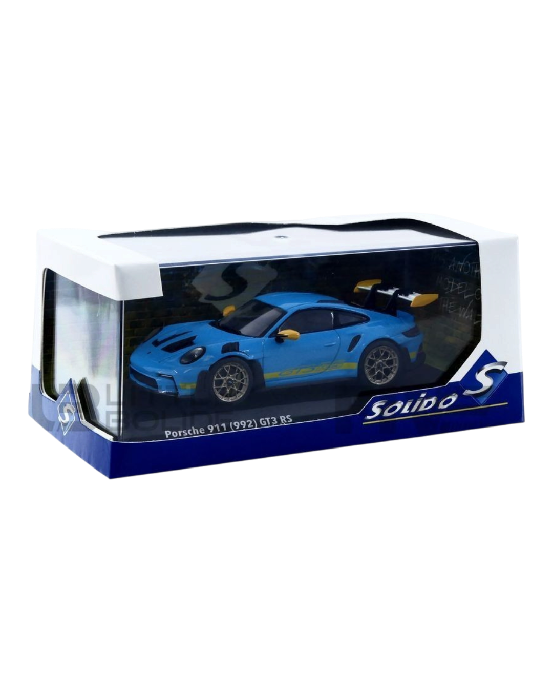 VaultifyUK Solido 1:43 scale Riviera Blue Porsche 911 992 GT3 RS die-cast model car with yellow racing accents