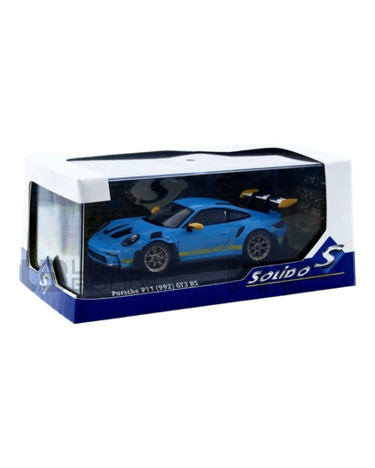 VaultifyUK Solido 1:43 scale Riviera Blue Porsche 911 992 GT3 RS die-cast model car with yellow racing accents