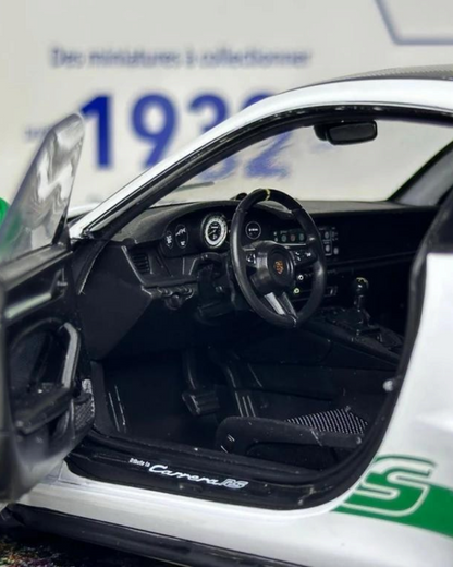 VaultifyUK Solido 1:18 scale white Porsche 911 GT3 RS model car interior with open door and green accents