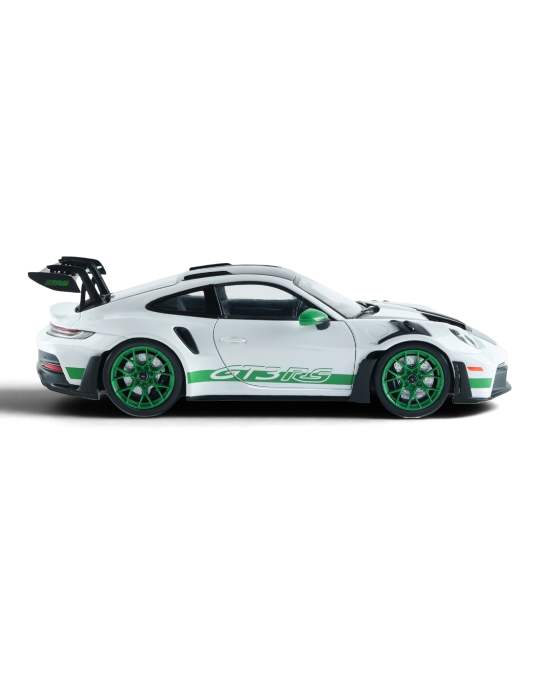 VaultifyUK Solido 1:18 scale Porsche 911 992 GT3 RS model in white with Python Green wheels and side decals