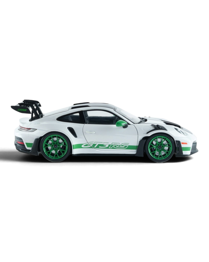 VaultifyUK Solido 1:18 scale Porsche 911 992 GT3 RS model in white with Python Green wheels and side decals