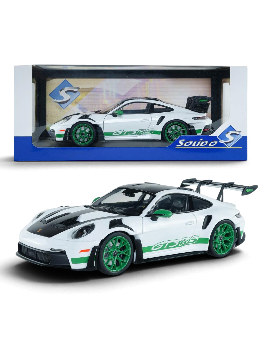 VaultifyUK Solido 1:18 scale white and Python Green Porsche 911 GT3 RS model car with Tribute to Carrera RS package.