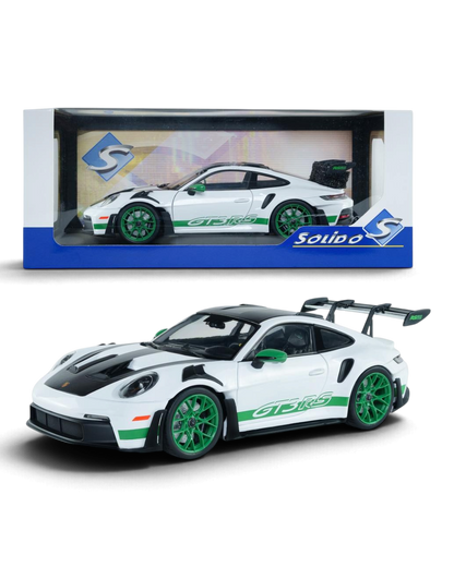 VaultifyUK Solido 1:18 scale white and Python Green Porsche 911 GT3 RS model car with Tribute to Carrera RS package.