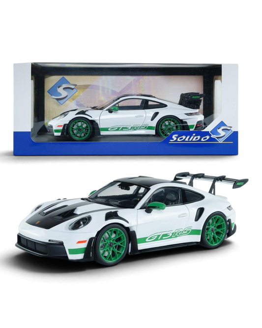 VaultifyUK Solido 1:18 scale white and Python Green Porsche 911 GT3 RS model car with Tribute to Carrera RS package.