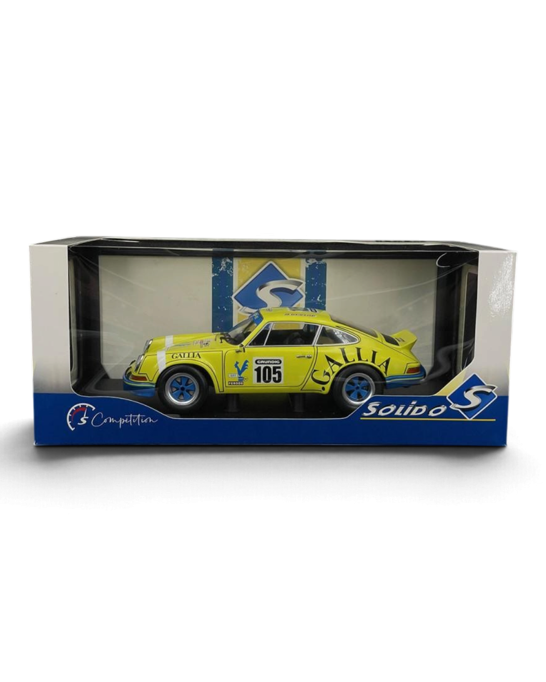 VaultifyUK Solido 1:18 scale yellow Porsche 911 RSR #105 model car in original display box packaging