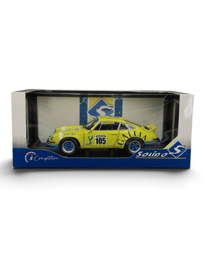VaultifyUK Solido 1:18 scale yellow Porsche 911 RSR #105 model car in original display box packaging