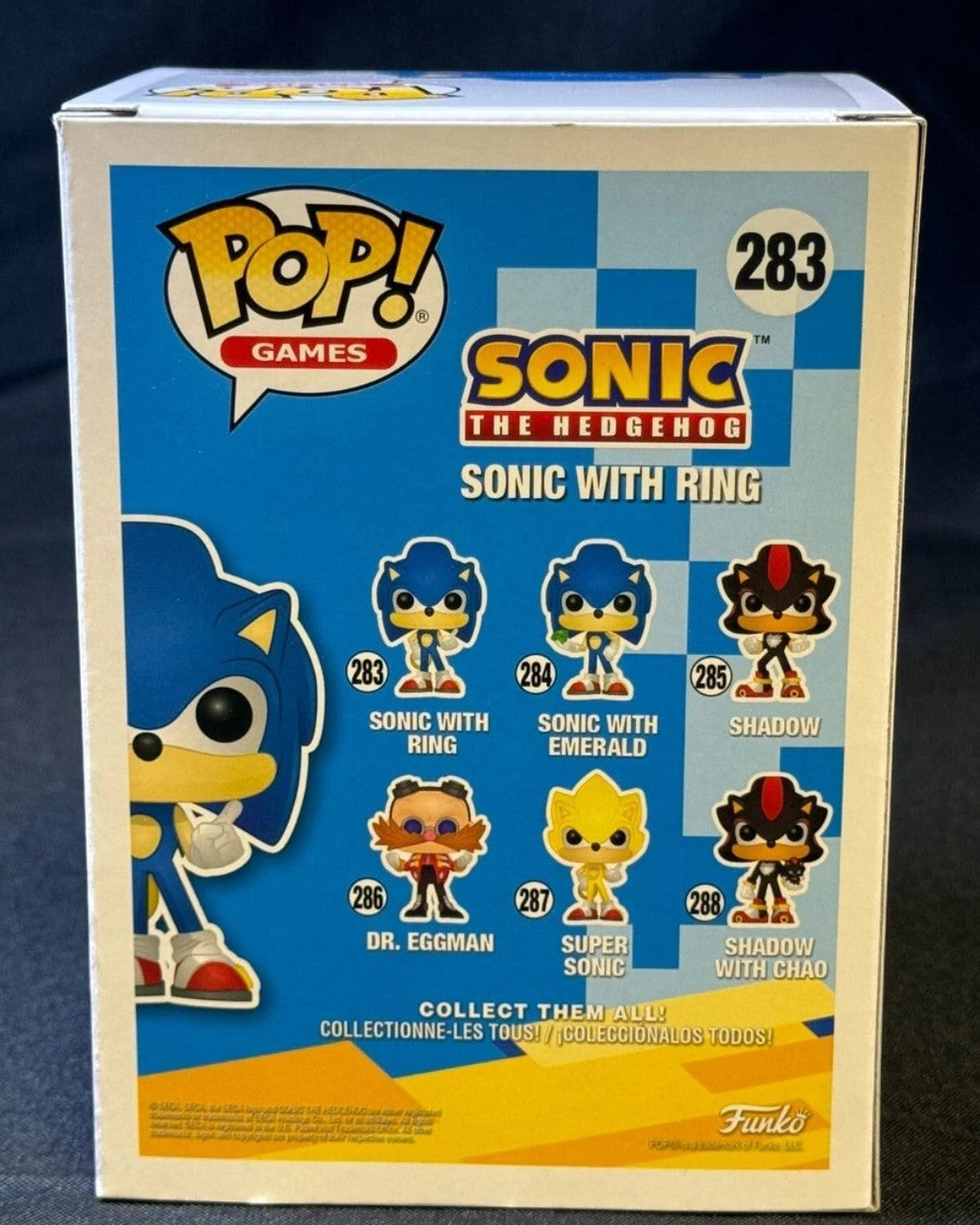 VaultifyUK Sonic the Hedgehog Funko Pop #283 box back showing the Sonic With Ring collection series