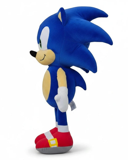 VaultifyUK 45cm Sonic the Hedgehog plush toy in profile view, featuring iconic blue fur, red shoes, and white gloves.