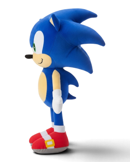VaultifyUK 45cm Sonic the Hedgehog plush toy featuring iconic blue fur, white gloves, and red shoes in side profile.