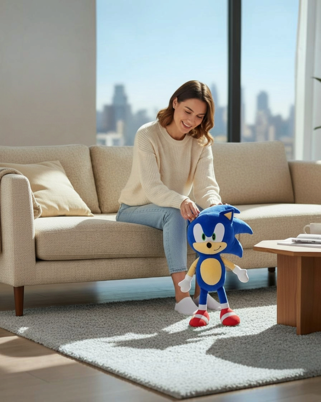 VaultifyUK 45cm Sonic the Hedgehog plush toy held by a smiling woman on a beige sofa in a bright living room.