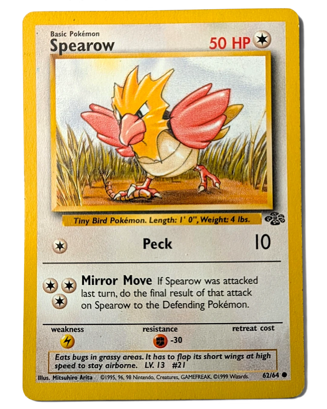 VaultifyUK 1999 Jungle set Spearow Pokémon card featuring original artwork with visible corner and edge wear
