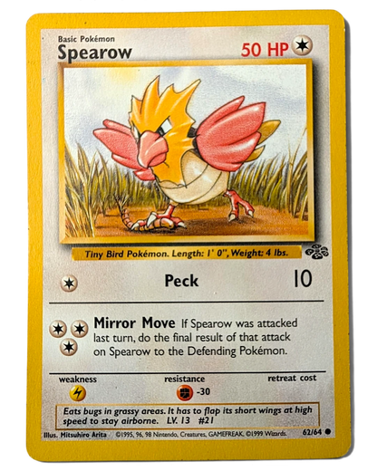VaultifyUK 1999 Jungle set Spearow Pokémon card featuring original artwork with visible corner and edge wear