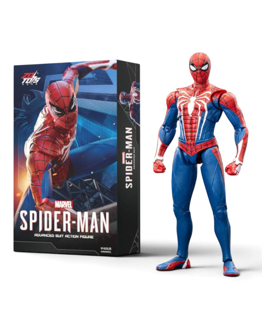 VaultifyUK ZD Toys Spider-Man Advanced Suit 1/10 scale action figure with display box and detailed red and blue suit.
