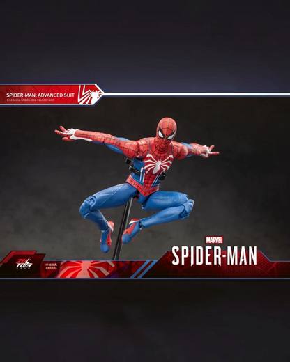 VaultifyUK ZD Toys Spider-Man Advanced Suit 1/10 scale action figure in a dynamic web-slinging pose on display stand.