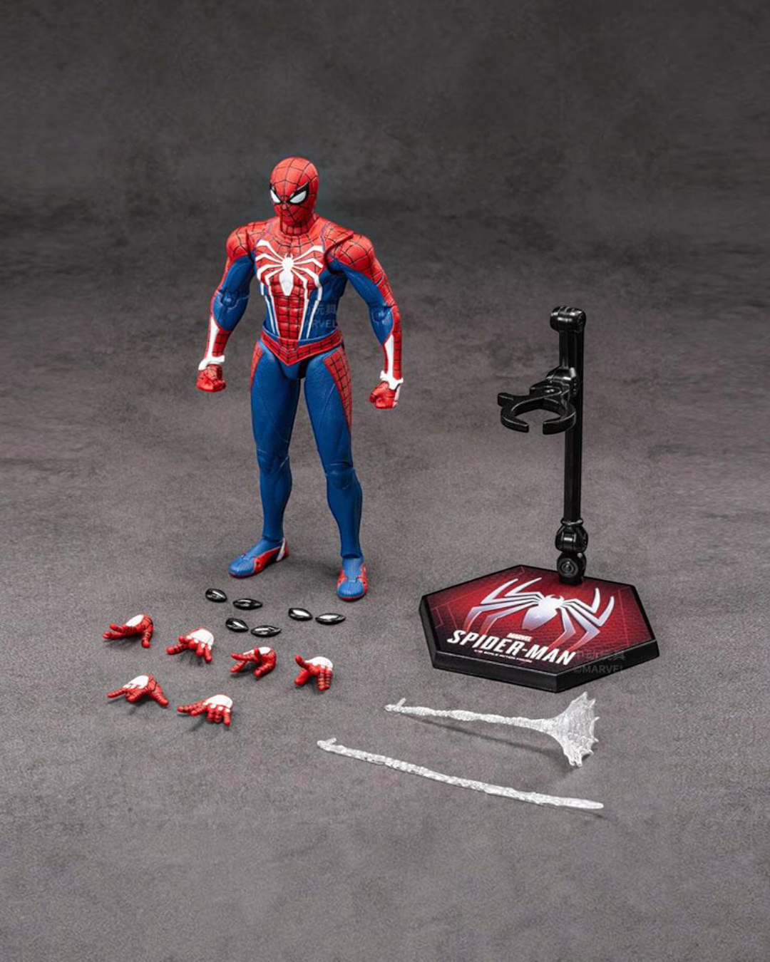 VaultifyUK ZD Toys Spider-Man Advanced Suit 1/10 scale action figure with display stand, web effects, and extra hands.