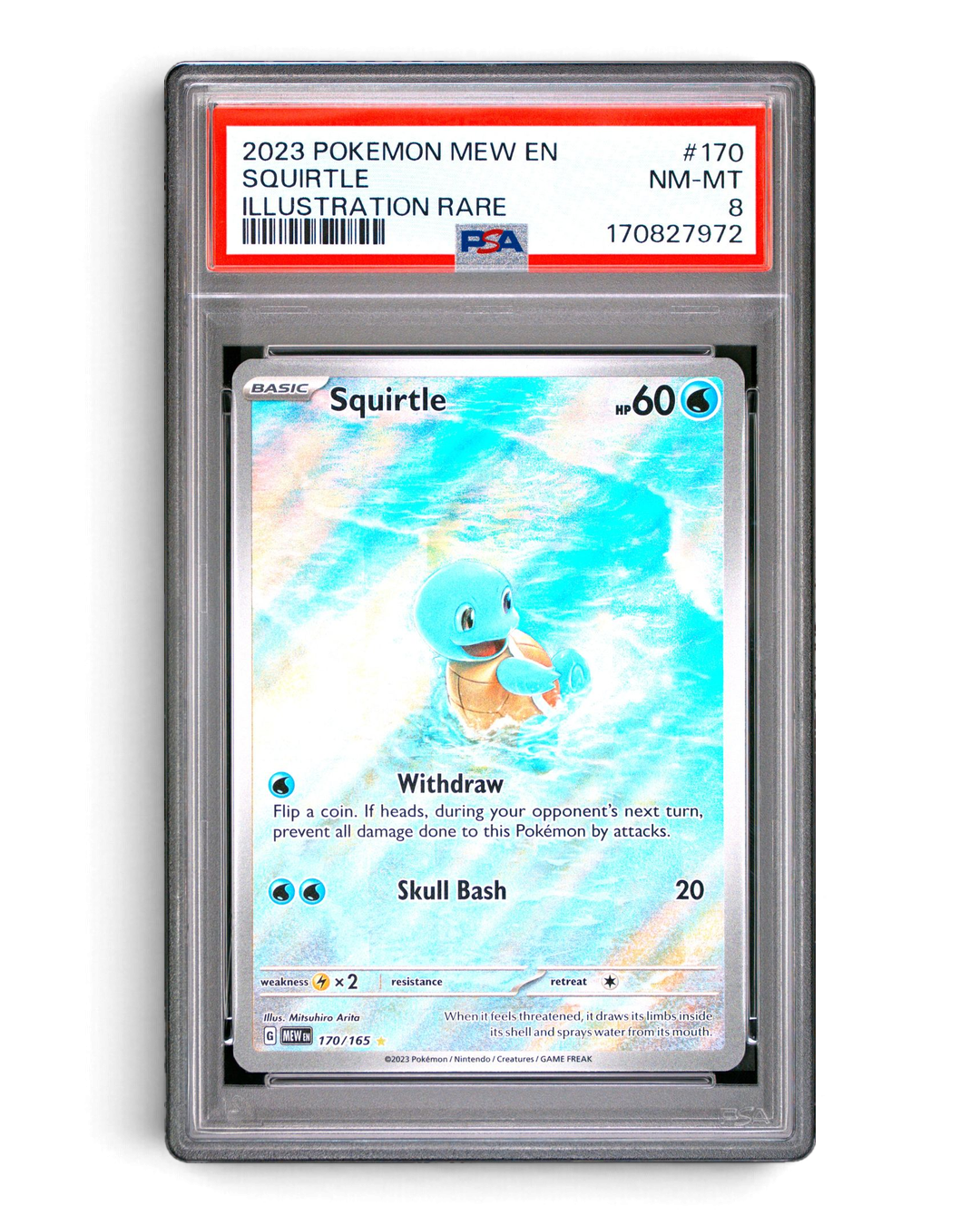 VaultifyUK graded PSA 8 Squirtle 170/165 Illustration Rare Pokémon card from Scarlet & Violet 151 set.