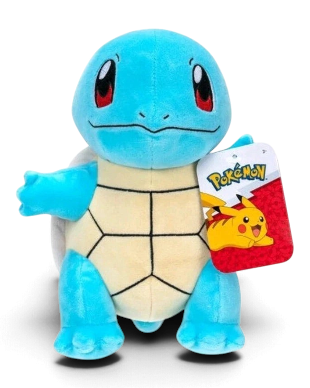 VaultifyUK 8-inch Squirtle plush toy with soft blue fabric, cream shell, and official Pokémon branding tag.