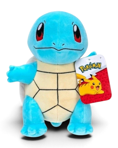 VaultifyUK 8-inch Squirtle plush toy with soft blue fabric, cream shell, and official Pokémon branding tag.