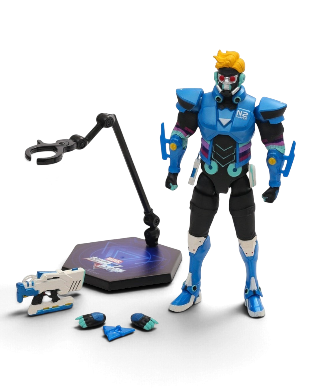 VaultifyUK ZD Toys Marvel Super War Star-Lord 1/10 scale action figure with blaster, display stand, and accessories.