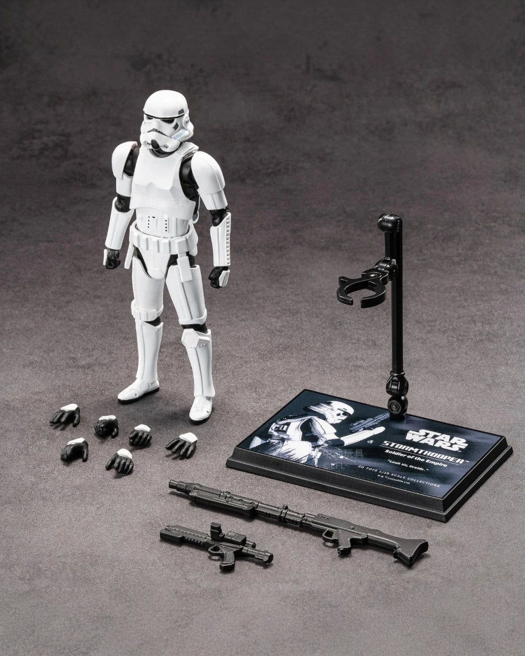 VaultifyUK ZD Toys 1/10 scale Star Wars Stormtrooper action figure with white armour, display base, and accessories.