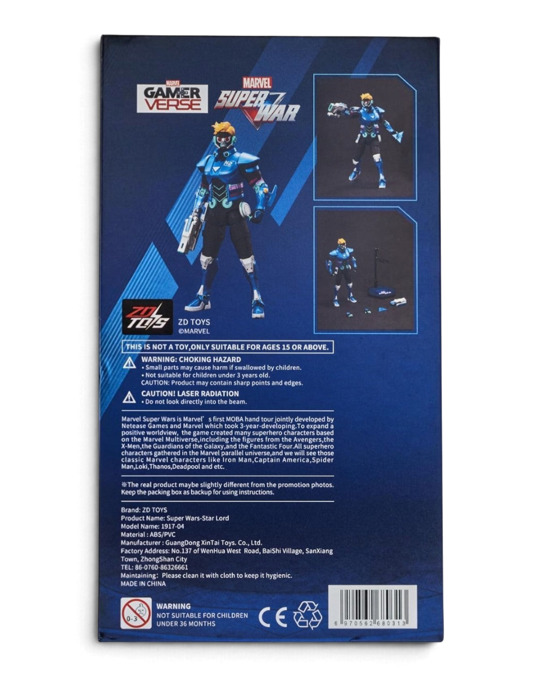 VaultifyUK ZD Toys Marvel Super War Star-Lord 1/10 scale action figure packaging back view with product details