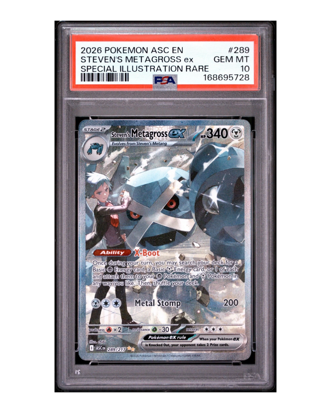 VaultifyUK PSA 10 Steven's Metagross ex 289/217 Special Illustration Rare Pokémon card in a protective slab.