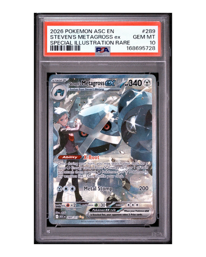 VaultifyUK PSA 10 Steven's Metagross ex 289/217 Special Illustration Rare Pokémon card in a protective slab.