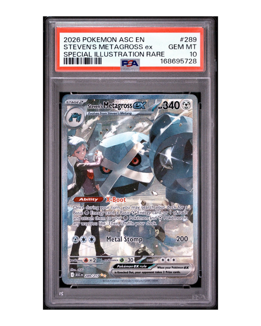 VaultifyUK PSA 10 Steven's Metagross ex 289/217 Special Illustration Rare Pokémon card in a protective slab.
