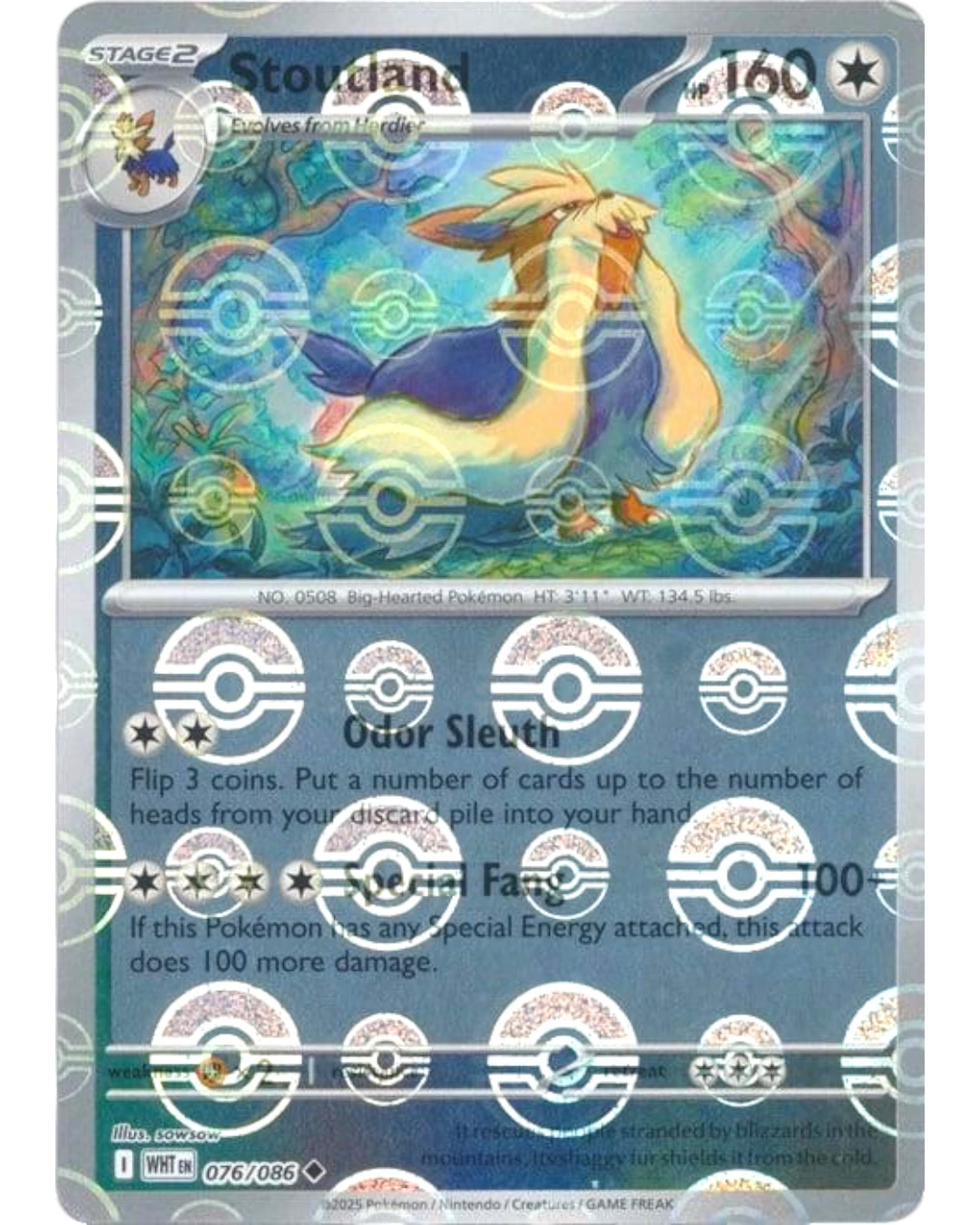 VaultifyUK Stoutland 076/086 White Flare Pokémon card featuring a Poké Ball pattern reverse holo foil finish.
