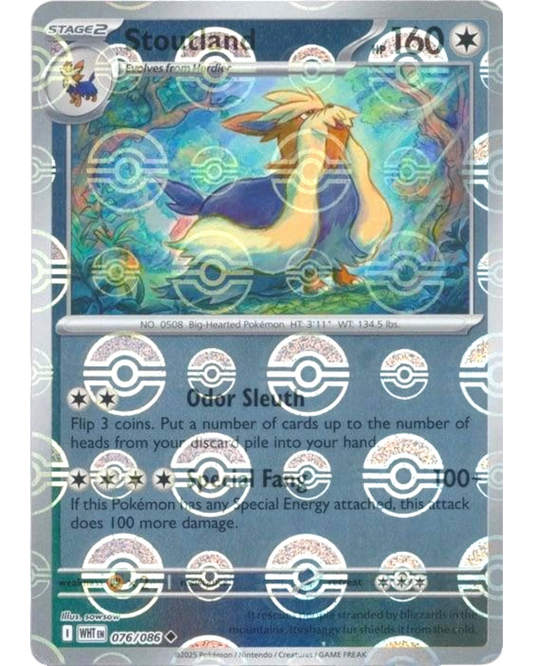 VaultifyUK Stoutland 076/086 White Flare Pokémon card featuring a Poké Ball pattern reverse holo foil finish.