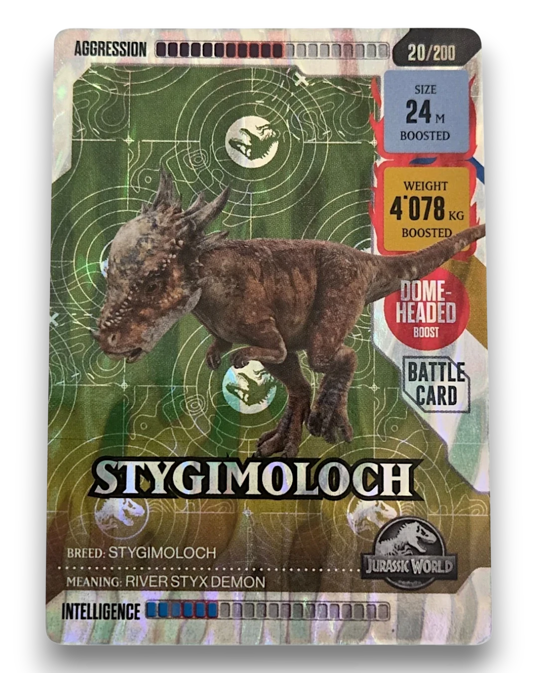 VaultifyUK Jurassic World ROAR! Stygimoloch iridescent trading card 20/200 with green holographic background