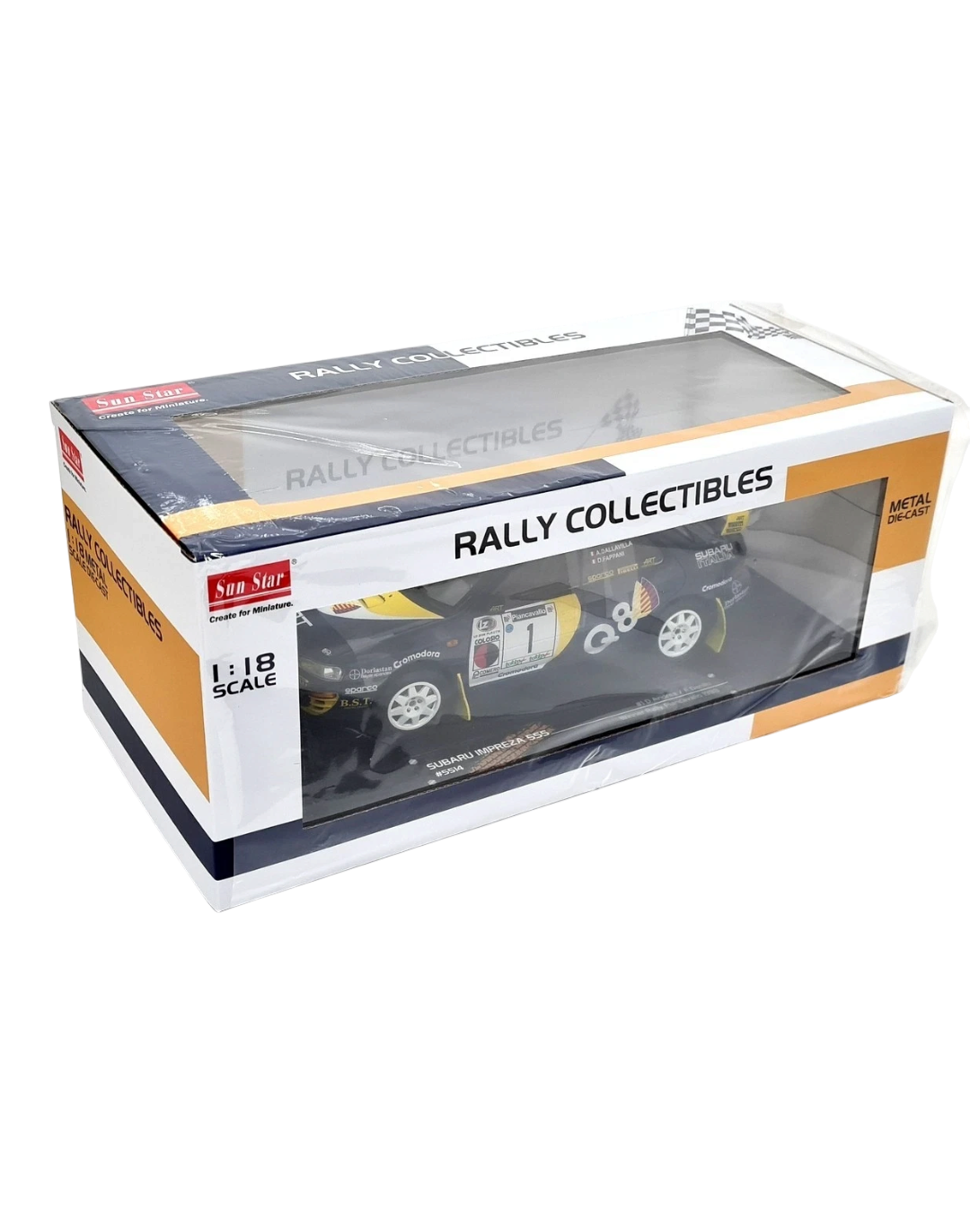 VaultifyUK 1:18 scale Sunstar Subaru Impreza 555 rally car model in blue Q8 livery inside its display box