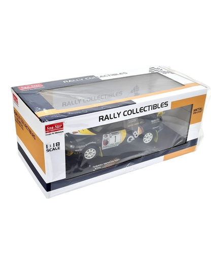 VaultifyUK 1:18 scale Sunstar Subaru Impreza 555 rally car model in blue Q8 livery inside its display box