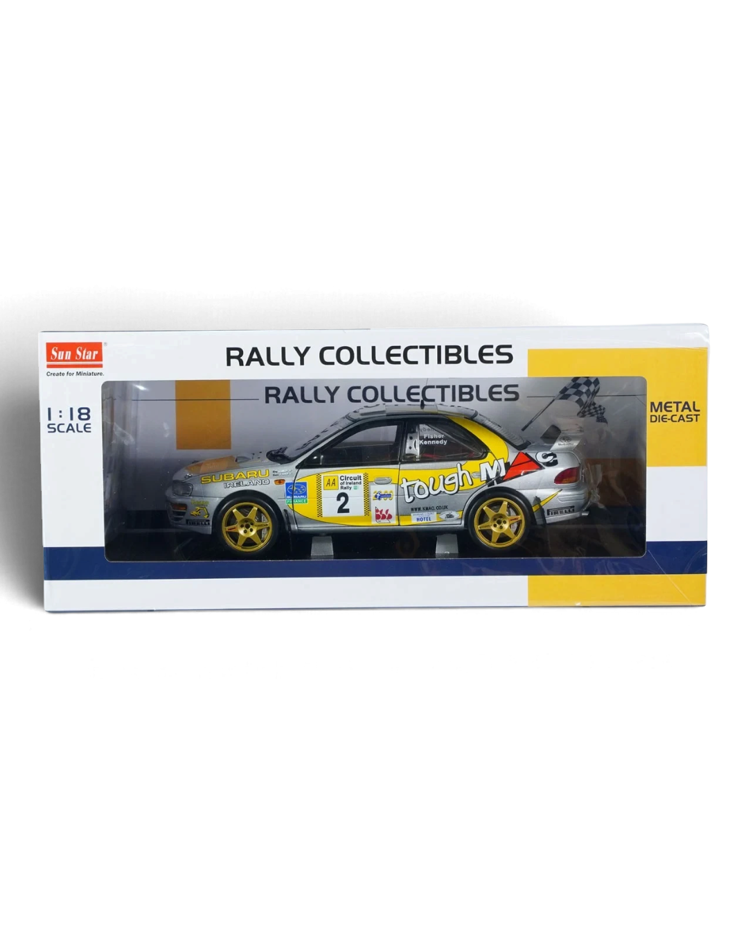VaultifyUK 1:18 scale Sunstar Subaru Impreza 555 rally car in silver and yellow, Circuit of Ireland 1999 winner model.