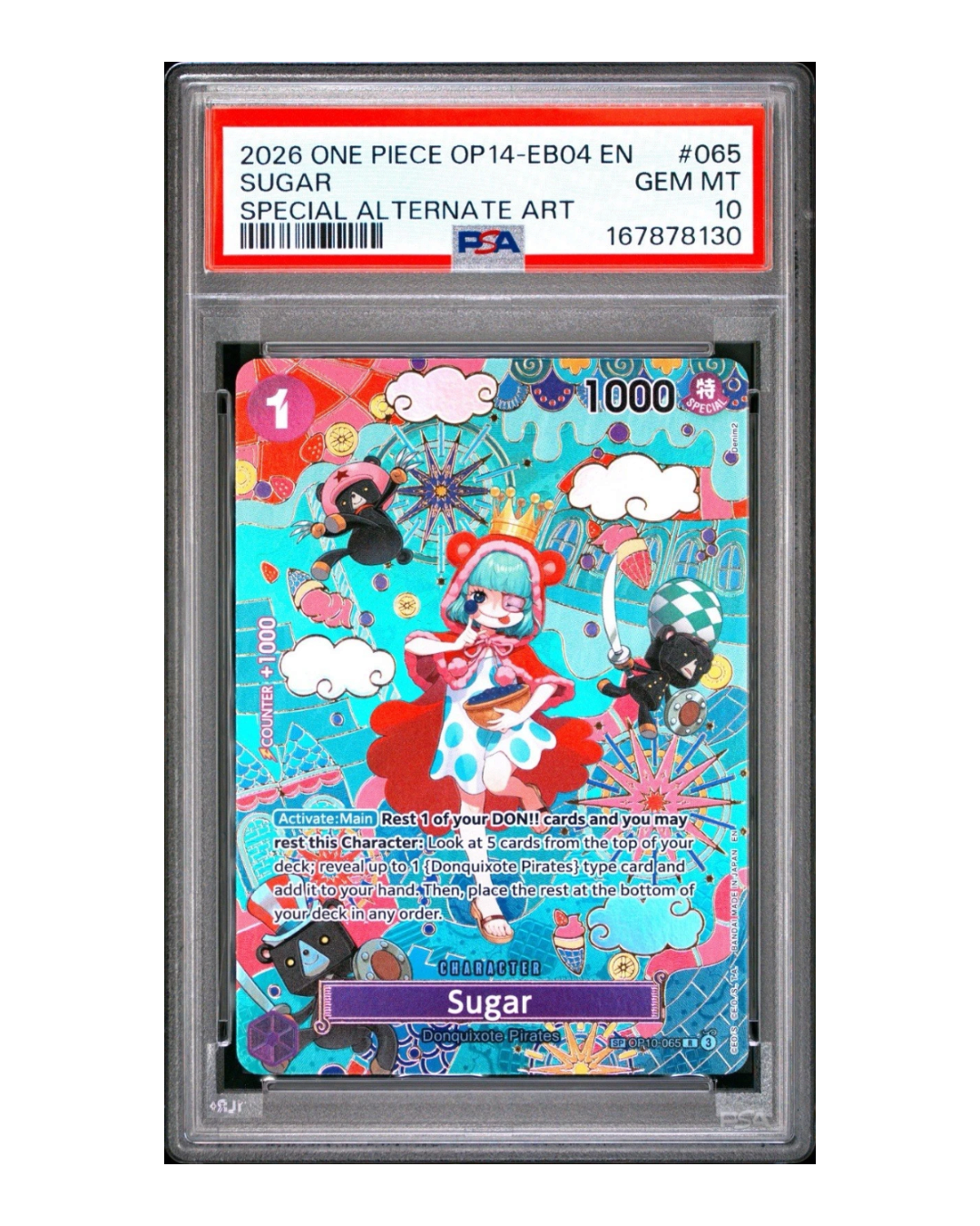 VaultifyUK PSA 10 Gem Mint Sugar SP Special Alternate Art trading card from the ONE PIECE Card Game.