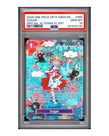 VaultifyUK PSA 10 Gem Mint Sugar SP Special Alternate Art trading card from the ONE PIECE Card Game.