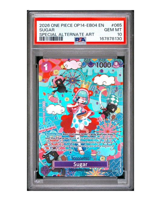 VaultifyUK PSA 10 Gem Mint Sugar SP Special Alternate Art trading card from the ONE PIECE Card Game.
