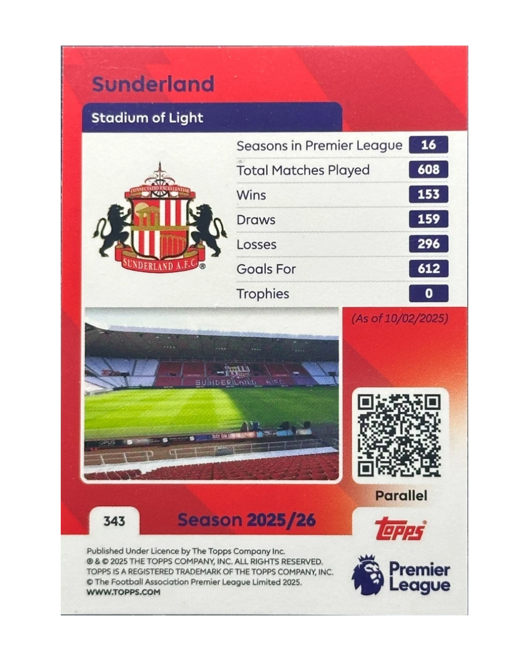 VaultifyUK 2025/26 Topps Premier League Sunderland AFC badge card with green parallel stats and Stadium of Light photo