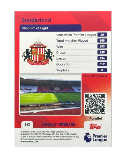 VaultifyUK 2025/26 Topps Premier League Sunderland AFC badge card with green parallel stats and Stadium of Light photo