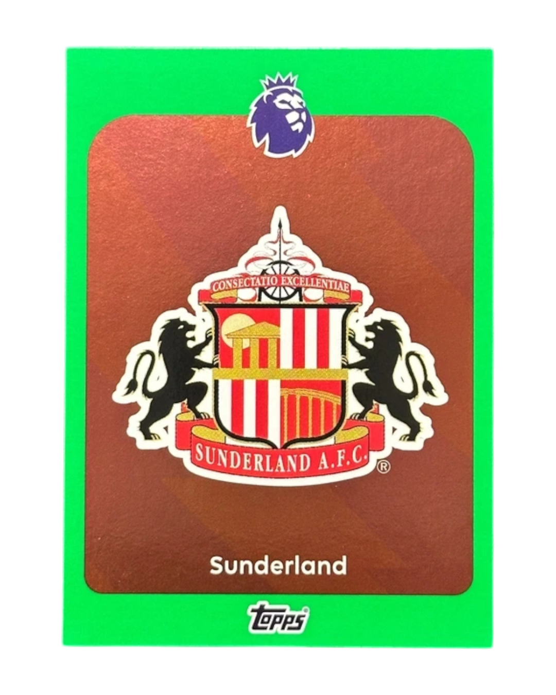 VaultifyUK 2025/26 Topps Premier League Sunderland AFC badge trading card with a vibrant green parallel border.