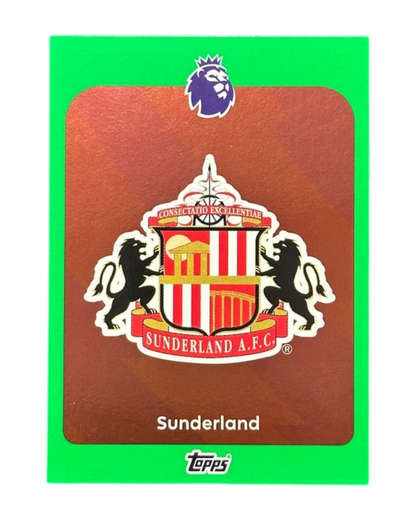 VaultifyUK 2025/26 Topps Premier League Sunderland AFC badge trading card with a vibrant green parallel border.