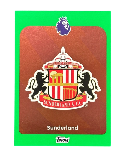 VaultifyUK 2025/26 Topps Premier League Sunderland AFC badge trading card with a vibrant green parallel border.