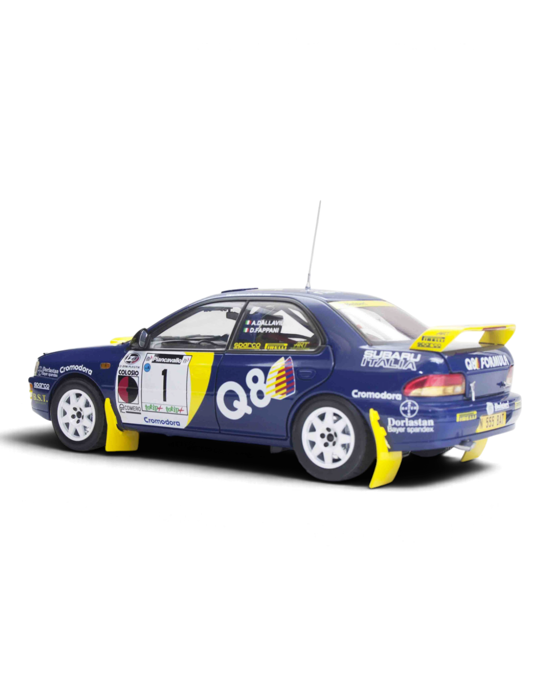 Sunstar 1:18 Subaru Impreza 555 #1 Dallavilla/Fappani, Rally Piancavallo 1998, rear three-quarter view