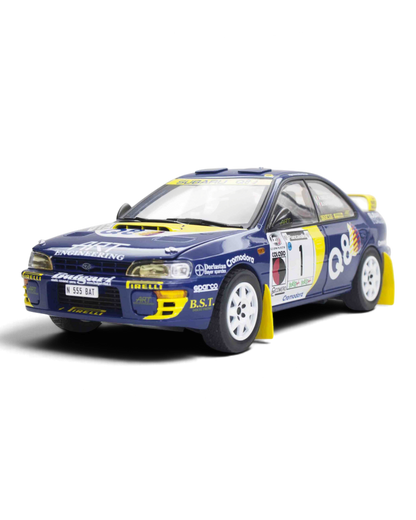 Sunstar 1:18 Subaru Impreza 555 #1 Dallavilla/Fappani, Rally Piancavallo 1998, blue Q8 Formula livery, front three-quarter view