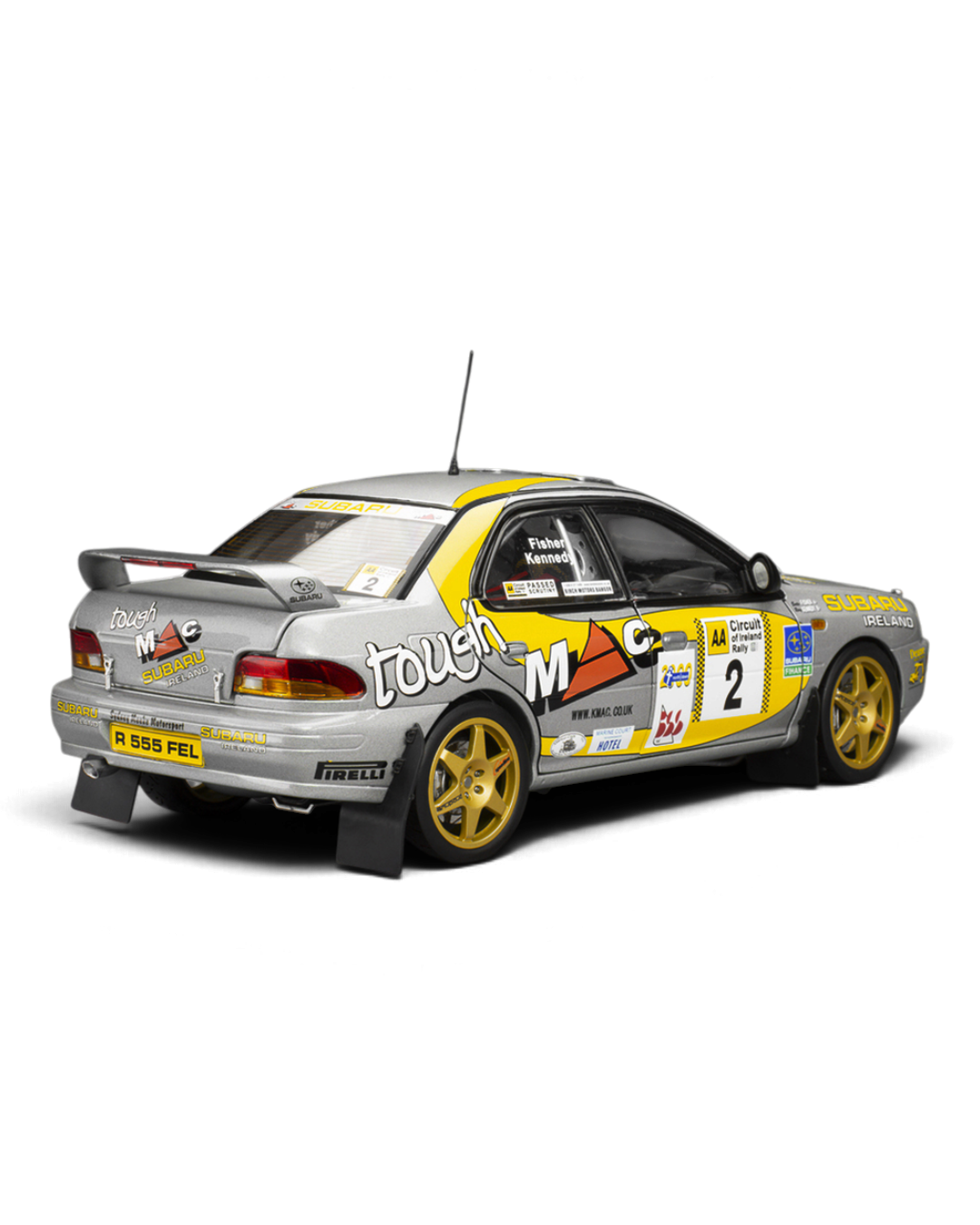 Sunstar 1:18 Subaru Impreza 555 #2 Fisher/Kennedy, 1999 AA Circuit of Ireland, rear three-quarter view